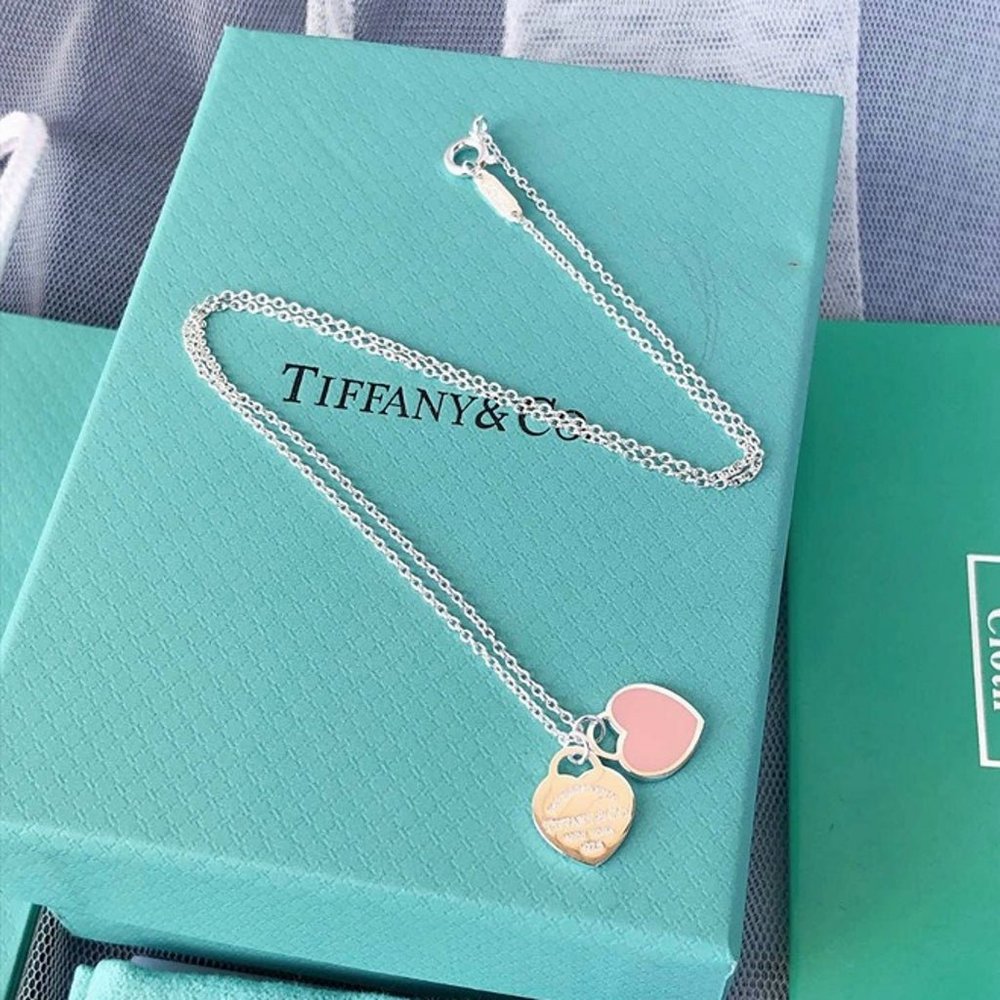 Mini Double Heart Tag Pendant in Sterling Silver Necklace